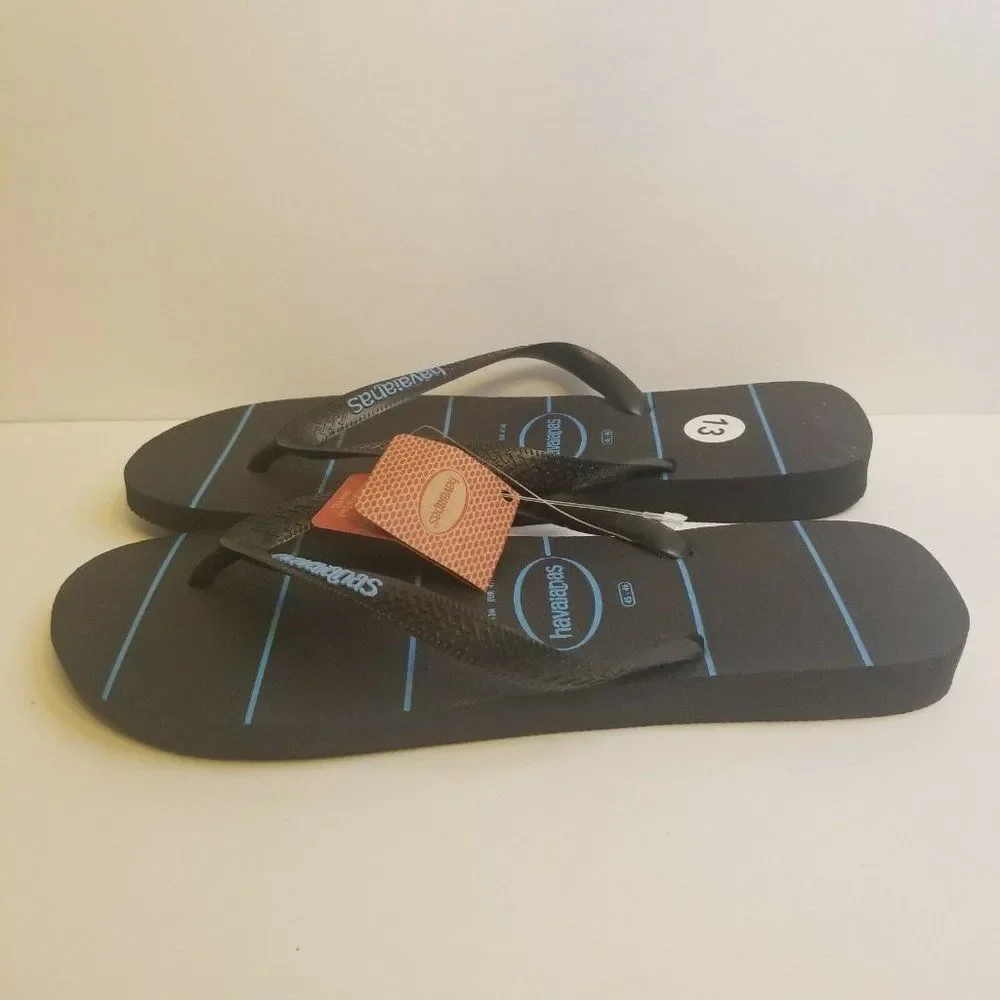 Havaianas Mens Size 13 Black Blue Striped Flip Flops New 4132585